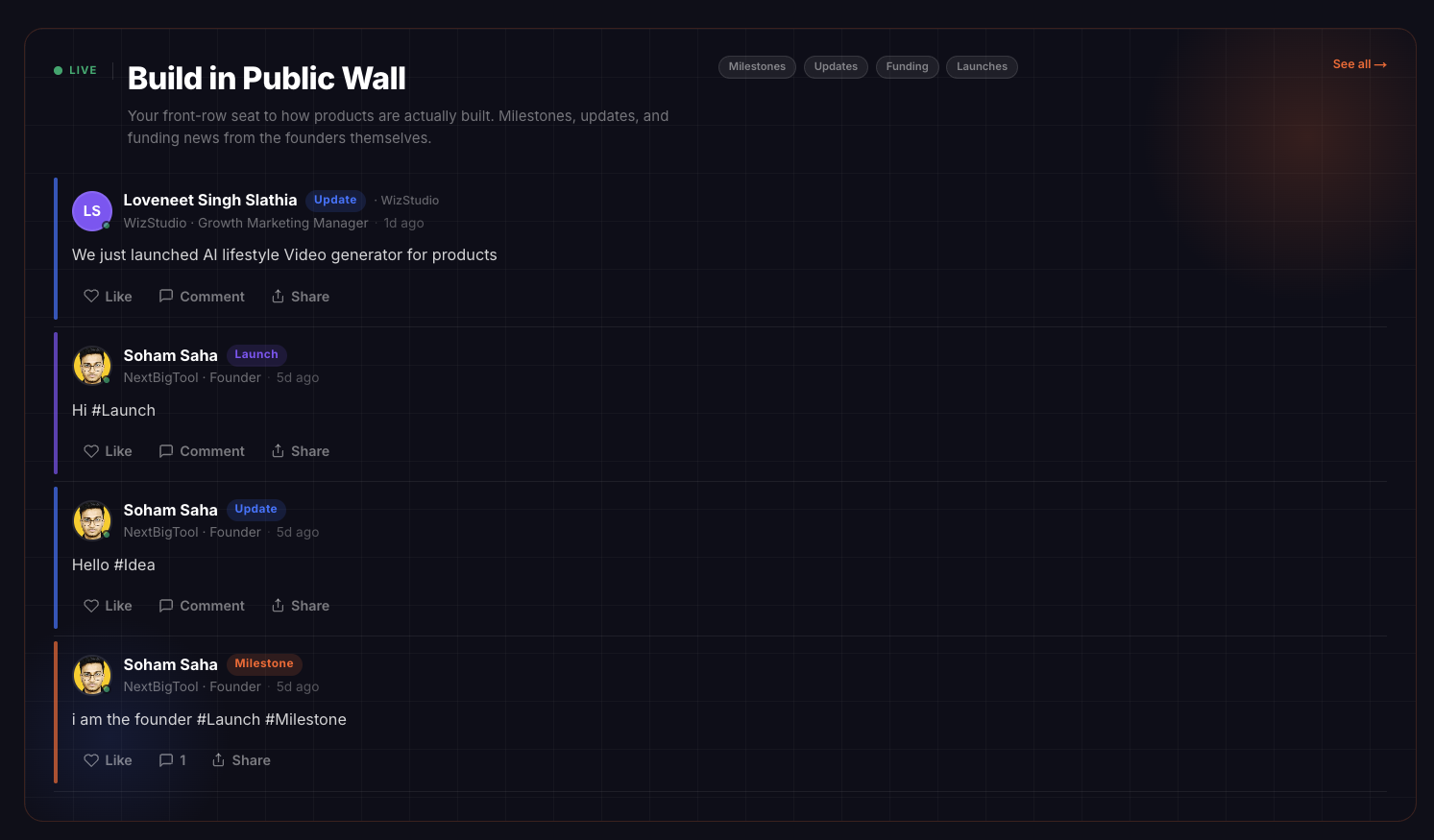 NextBigTool's Build in Public Wall