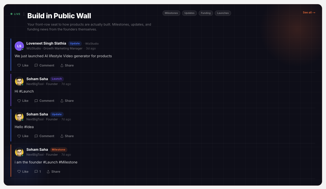NextBigTool's Build in Public Wall