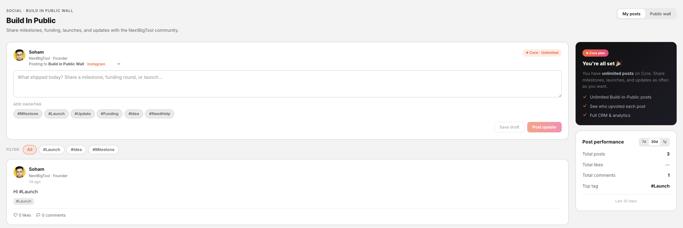 Build in Public wall dashboard